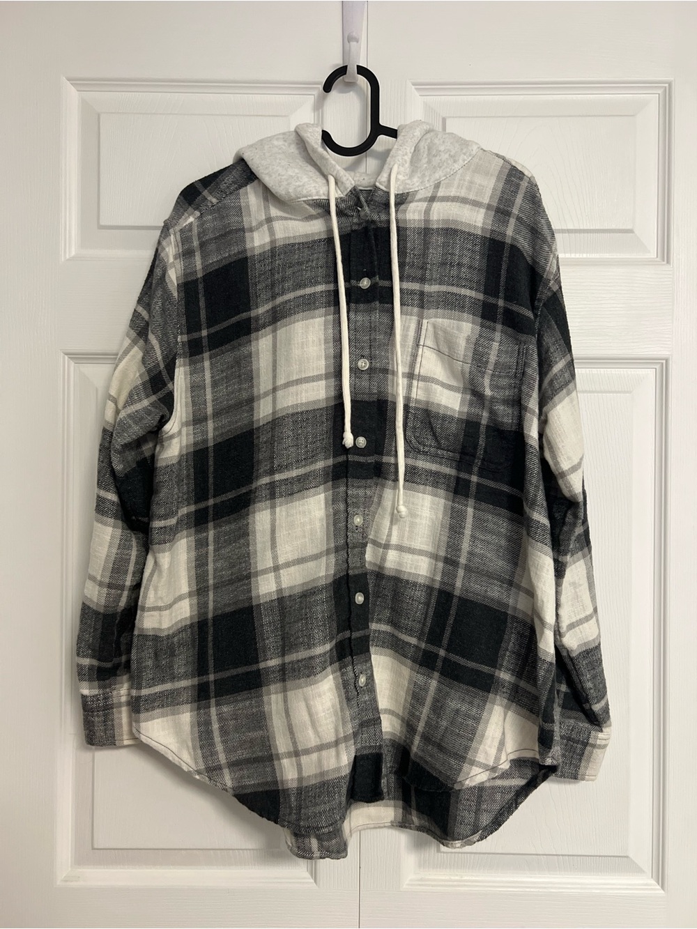 Black & White Plaid Hooded Button-Up Shirt